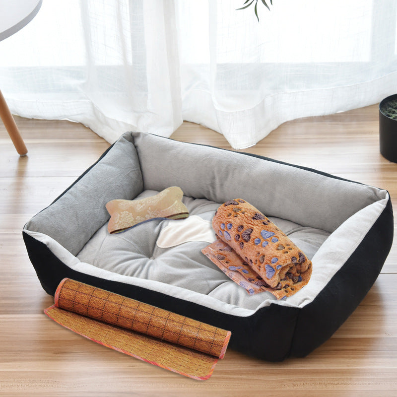 Soft Orthopedic Dog Bed with toys on a wooden floor