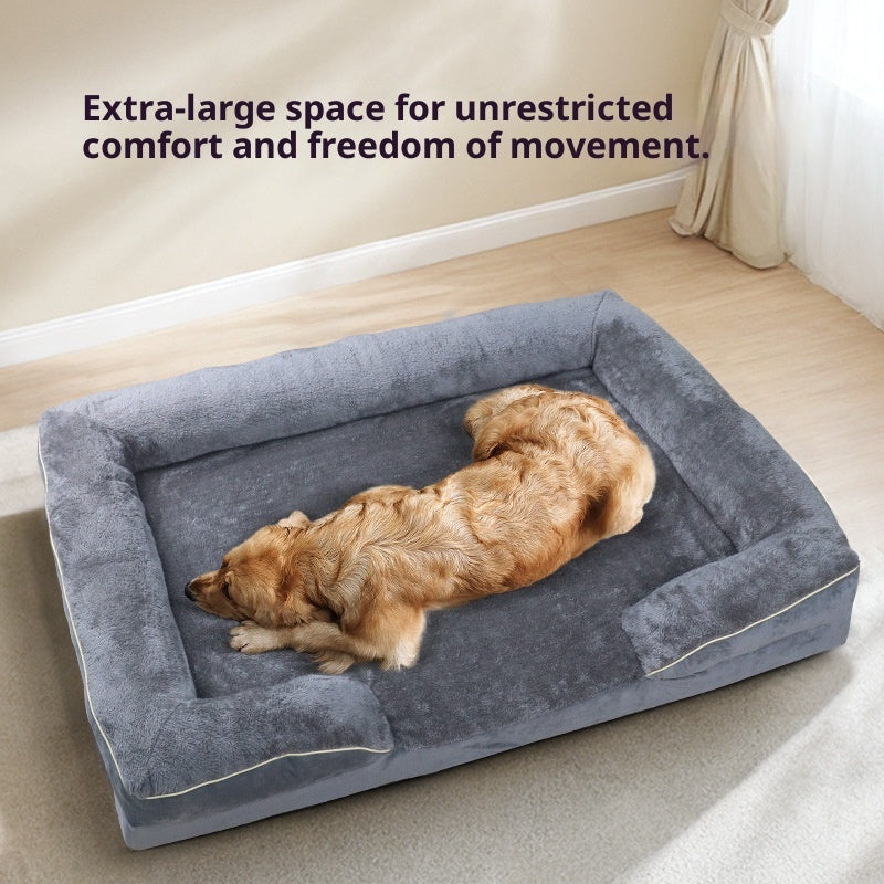 Dog lying on a large gray Joint Support Orthopedic Dog Bed with text about comfort and freedom of movement.