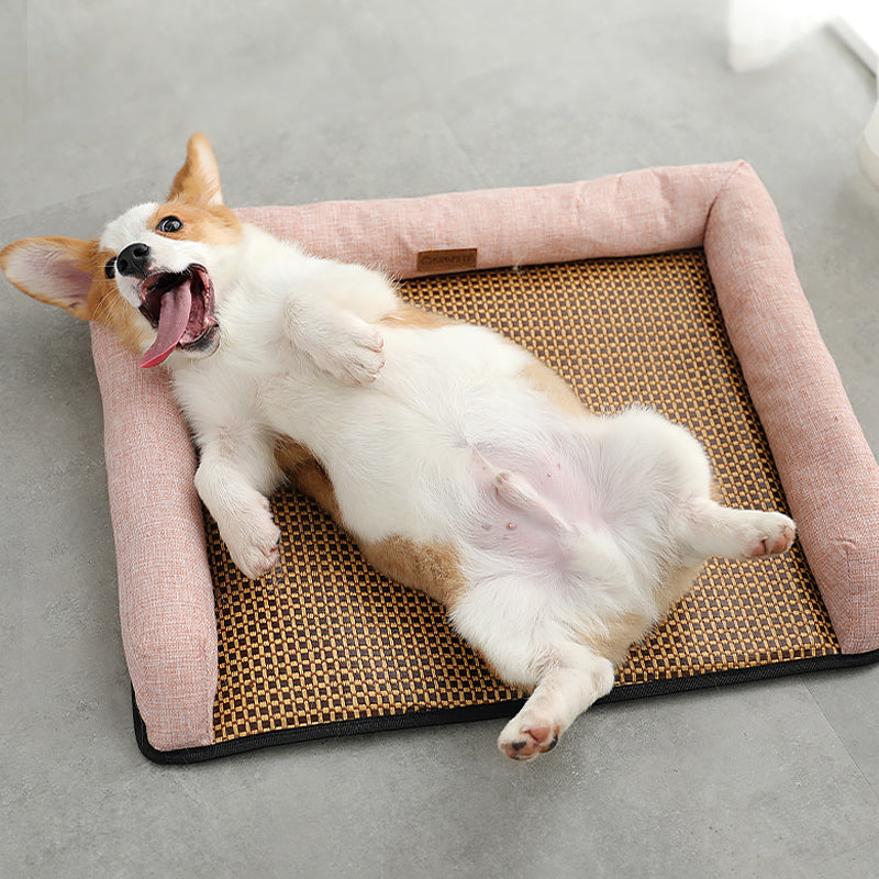 Dog lying on a pink and brown Pet Mat with a textured surface.