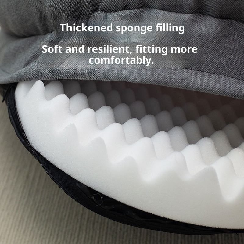 Close-up of a thickened sponge filling in a product with text describing its softness and resilience og Orthopedic Calming Dog Bed.