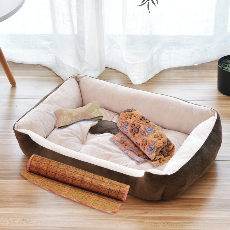 Soft Orthopedic Dog Bed with plush toys on a wooden floor