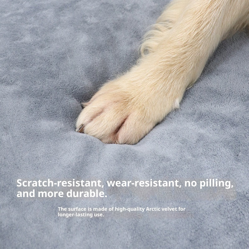 Dog paw on a Joint Support Orthopedic Dog Bed scratch-resistant surface with text about durability.