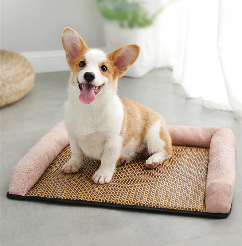 Dog sitting on a woven pet mat with pink border in a home setting