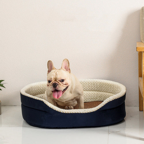Dog sitting in a heart-shaped Calming Dog Bed with a white background