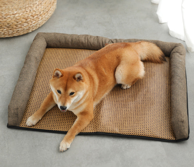 Dog lying on a Pet Mat with a woven surface on a concrete floor.