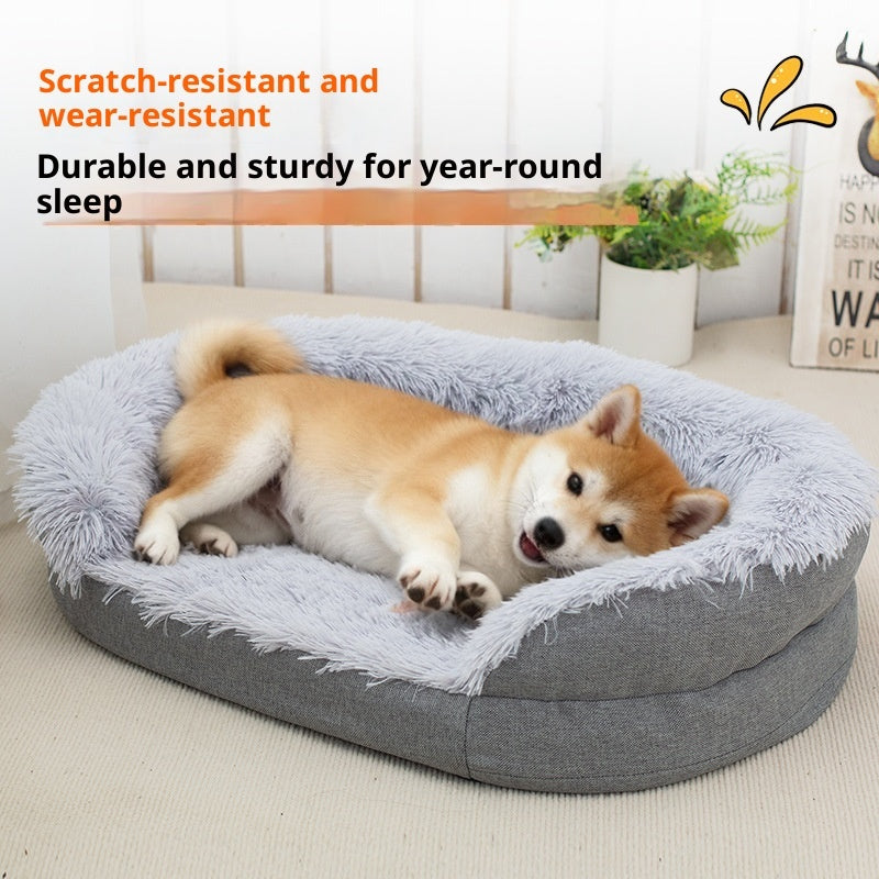 Dog lying on a gray Orthopedic Calming Dog Bed with text about durability and comfort.