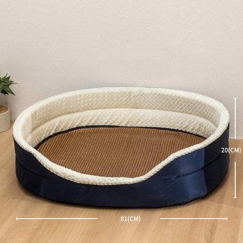 Calming Dog Bed with dimensions on a wooden floor