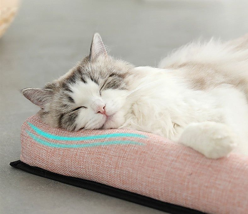 Cat sleeping on a pink Pet Mat with a teal stripe
