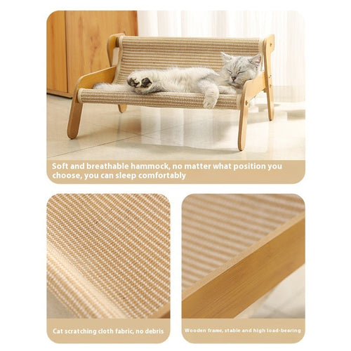Cat lying on a wooden Outdoor Cat Bed with fabric details and text about comfort.