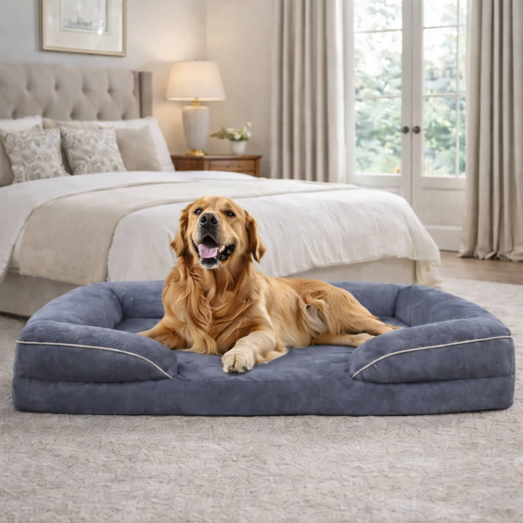 Dog lying on a large Gray Joint Support Orthopedic Dog Bed in a bedroom.