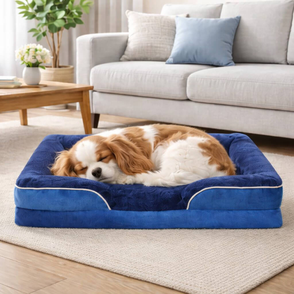 Dog resting on a blue Joint Support Orthopedic Dog Bed in a cozy living room.