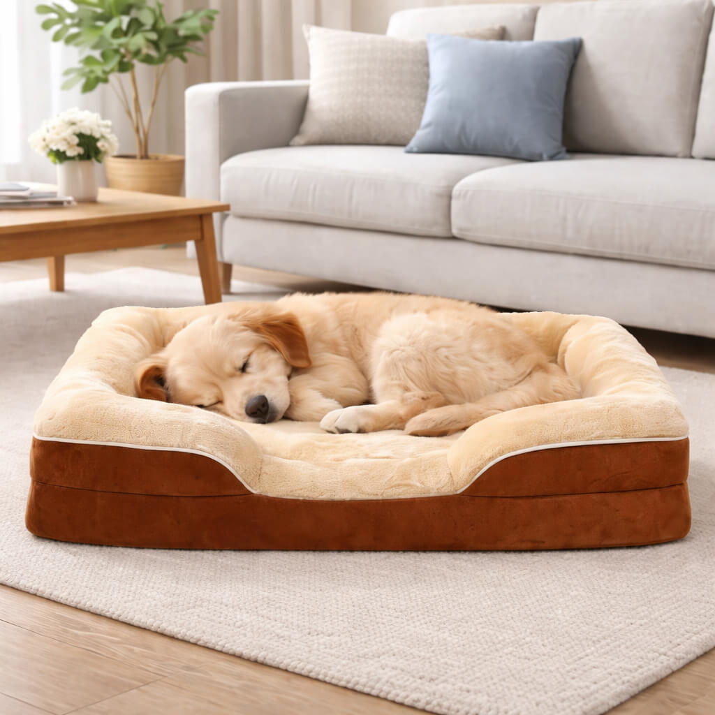 Dog sleeping on a plush Joint Support Orthopedic Dog Bed in a cozy living room.