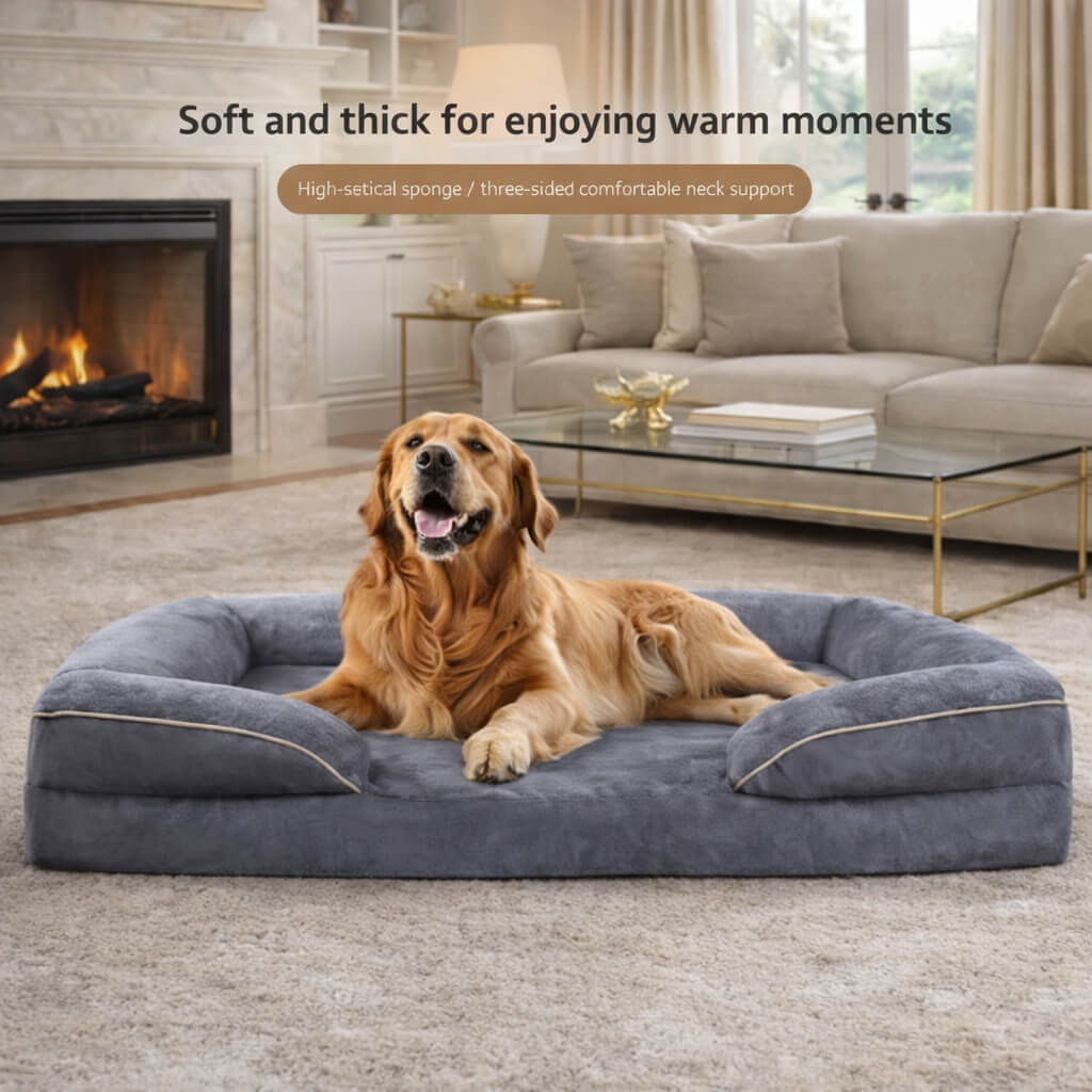 Dog lying on a large gray pet bed in Joint Support Orthopedic Dog Bed a cozy living room with a fireplace.