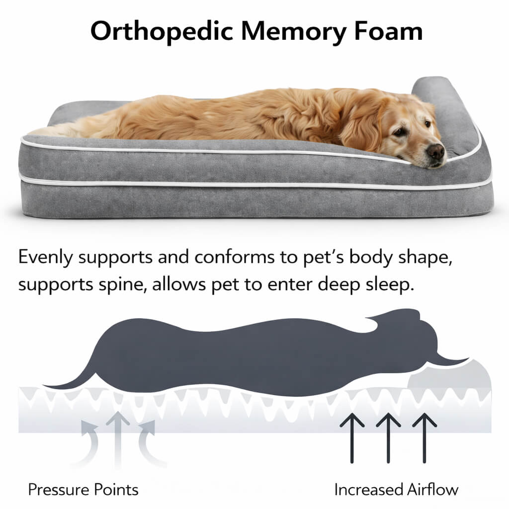 Dog lying on an Joint Support Orthopedic Dog Bed with text explaining its benefits.