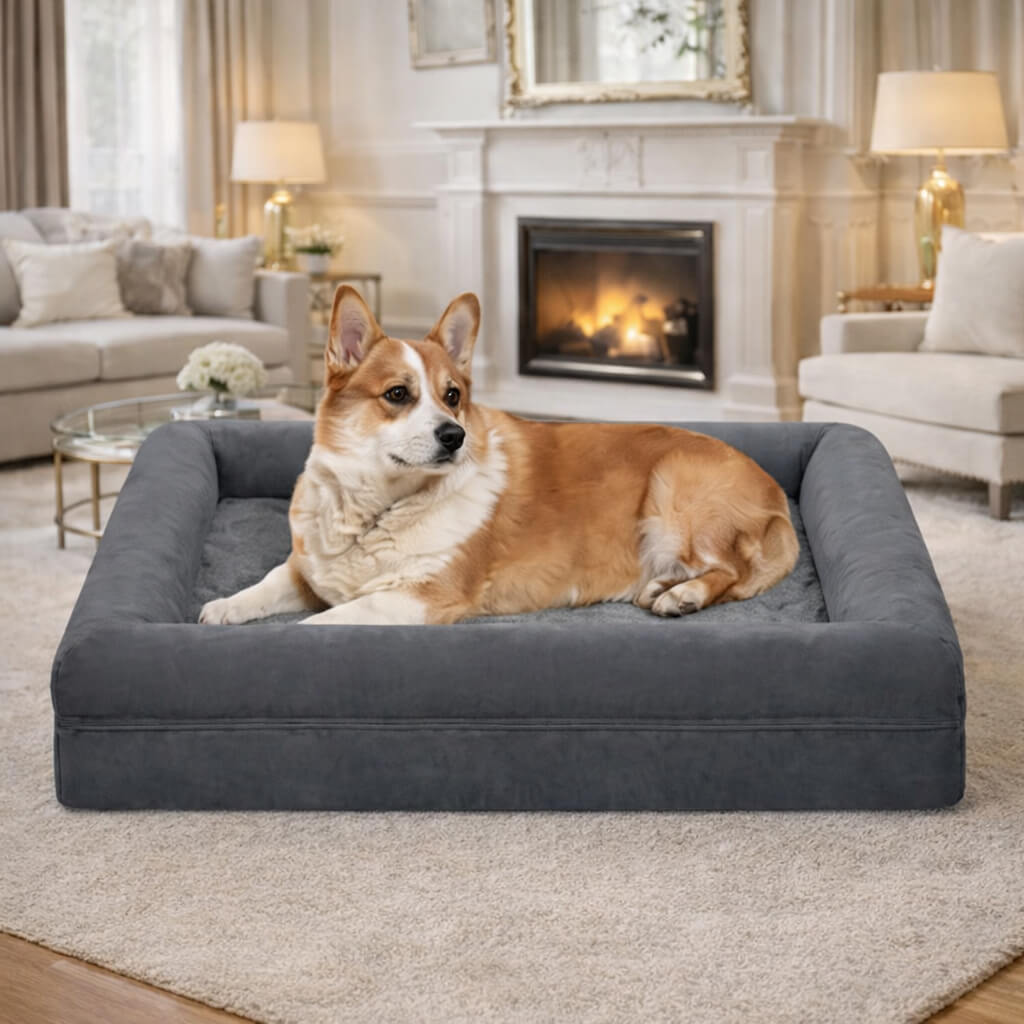 Dog lying on a large gray Premium Orthopedic Dog Bed  in a cozy living room with a fireplace.