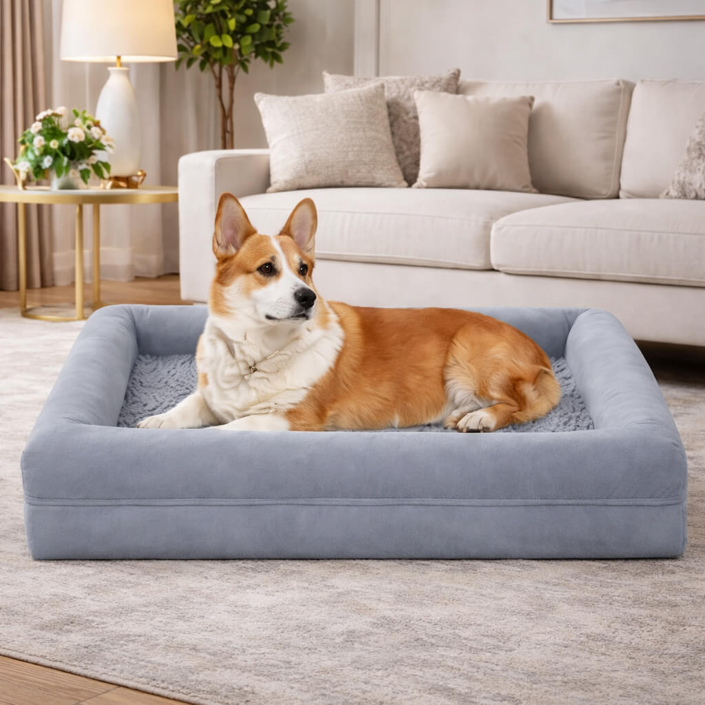 Dog lying on a large gray Premium Orthopedic Dog Bed in a living room.