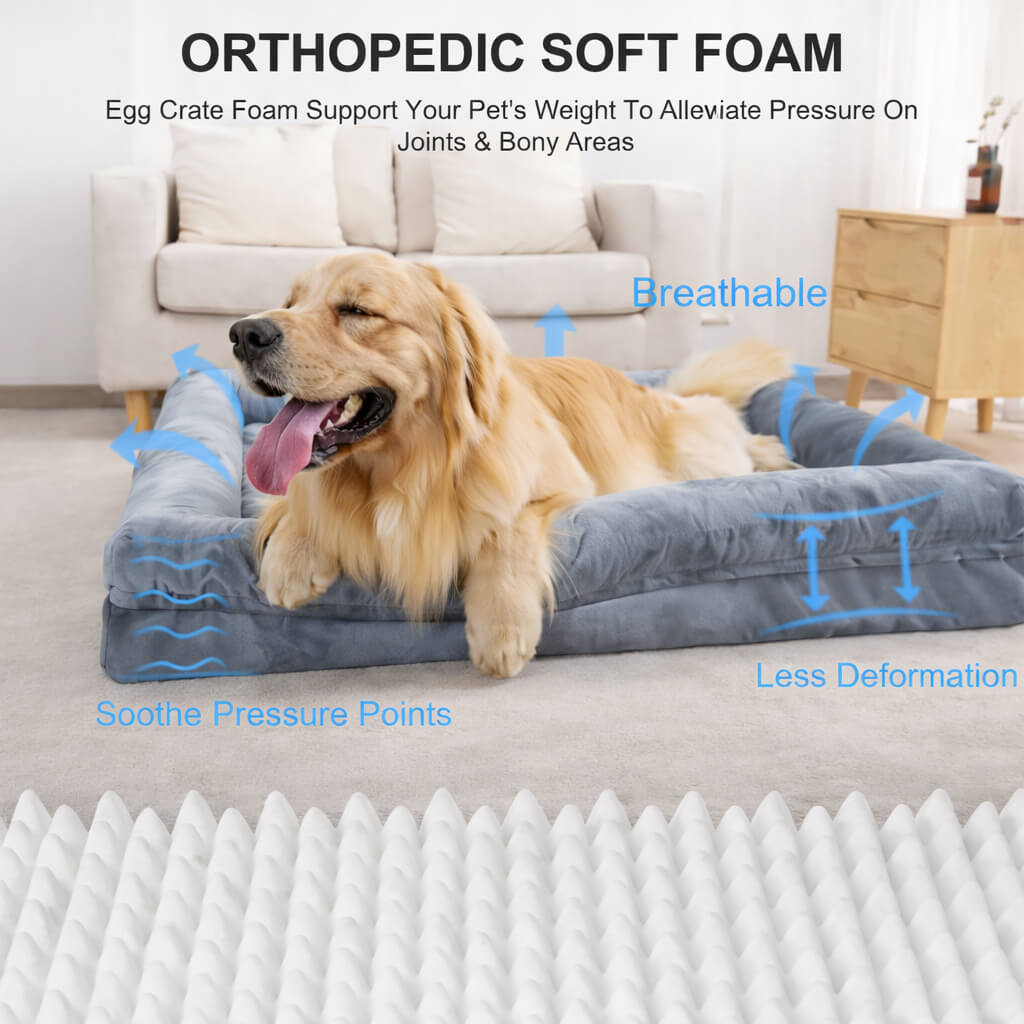 Dog lying on an Premium Orthopedic Dog Bed with text highlighting its features.
