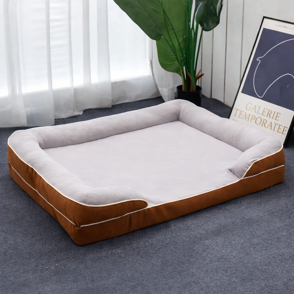 Orthopedic Dog Bed with brown exterior and white interior in a room with a plant and framed picture.