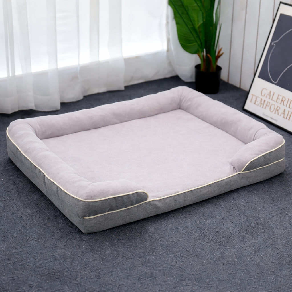 Gray Orthopedic Dog Bed on a carpeted floor with a plant and framed picture in the background