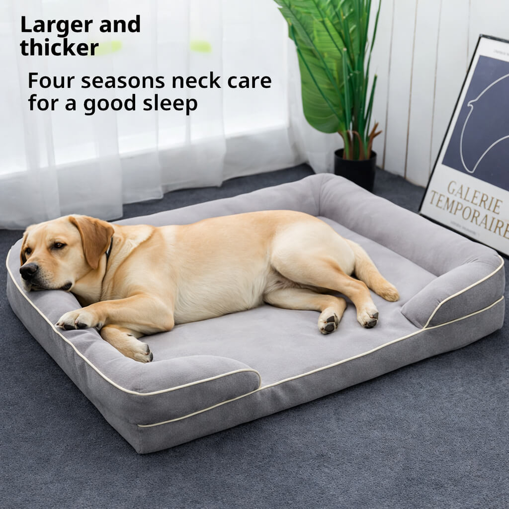 Dog lying on a large gray Orthopedic Dog Bed with text about neck care and comfort.