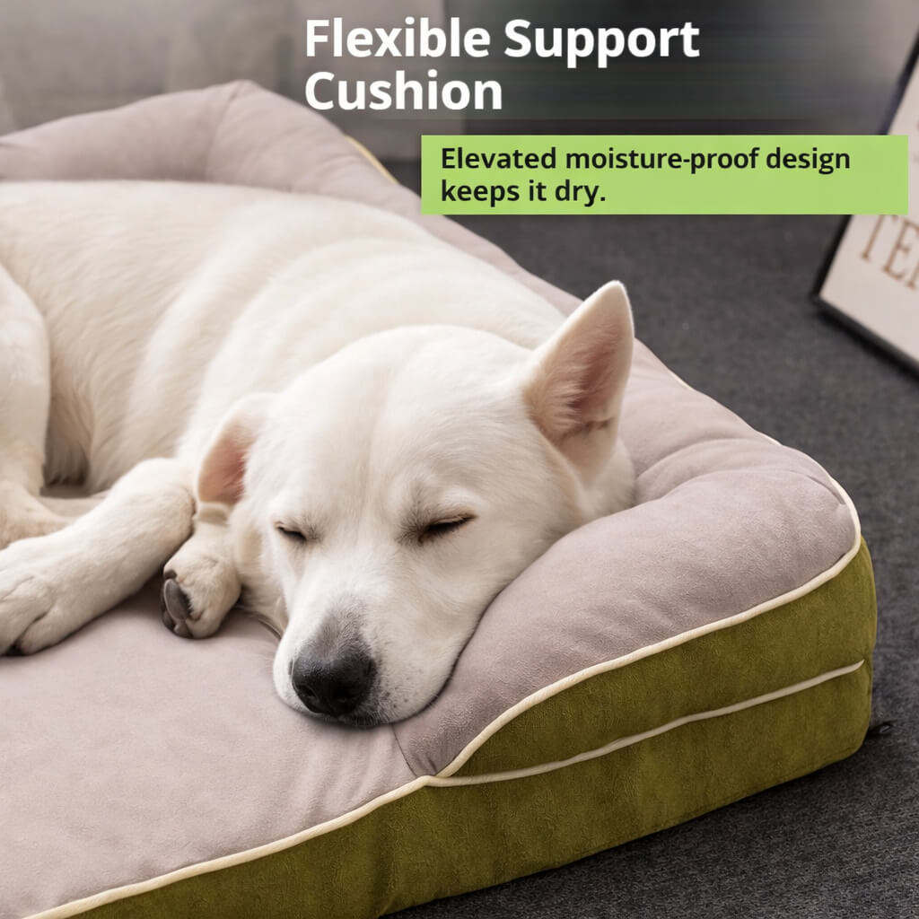 Dog resting on a flexible support Orthopedic Dog Bed with text highlighting its features.