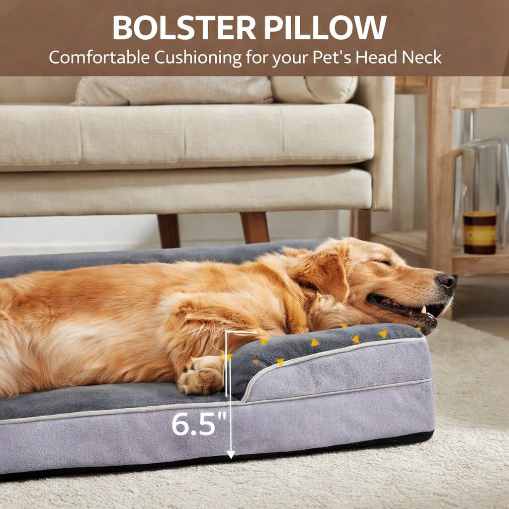 Dog lying on a bolster Orthopedic Dog Bed with text about comfort for pets' necks.
