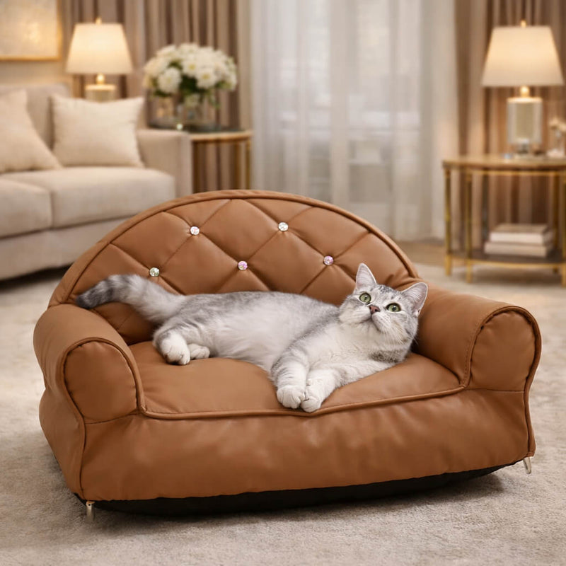 Cat lying on a small brown leather Luxury Cat Sofa Bed in a living room setting.