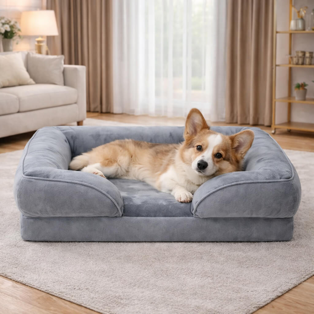Dog lying on a gray Orthopedic Dog Bed in a cozy living room.