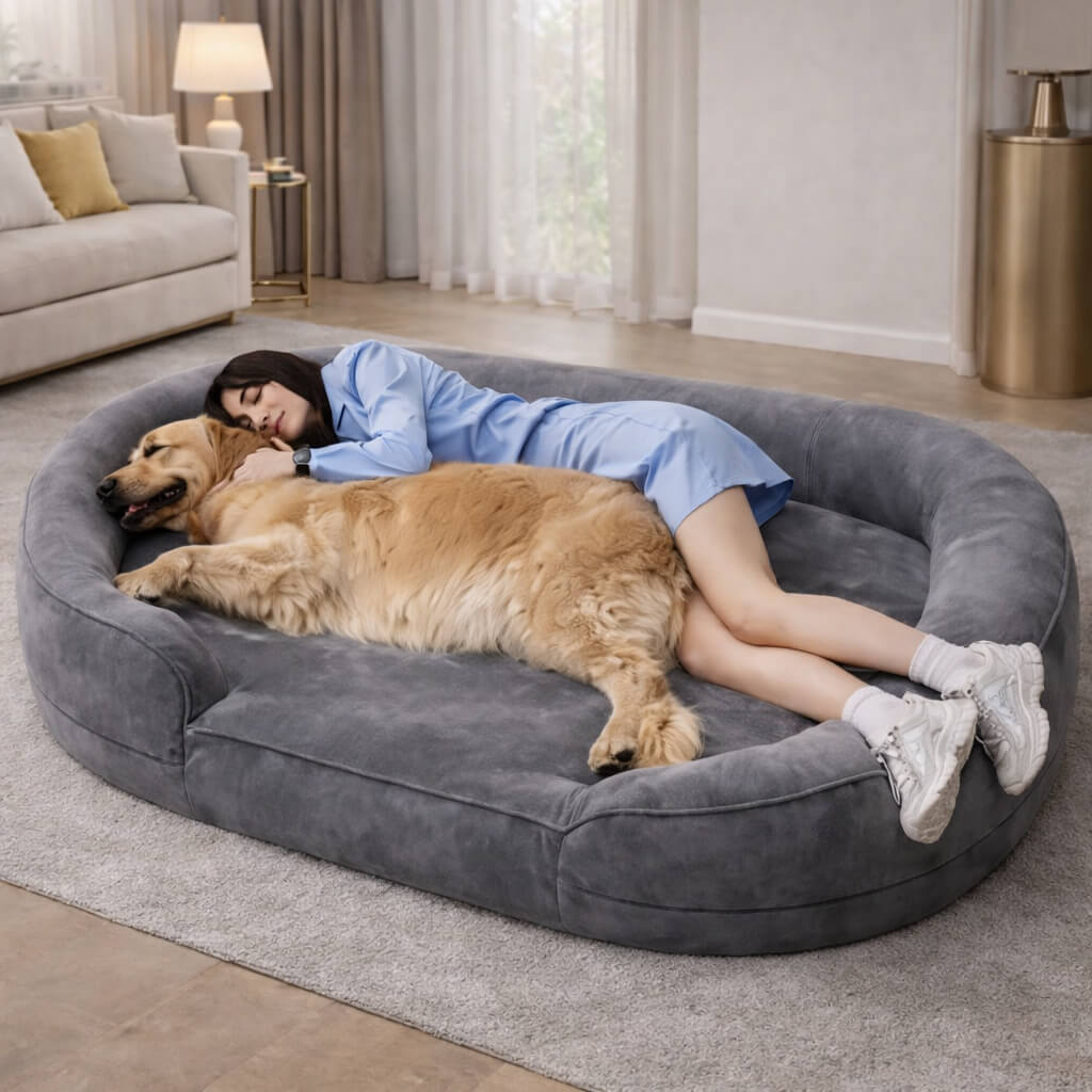 Woman lying on a large gray Orthopedic Dog Bed with a dog in a living room.
