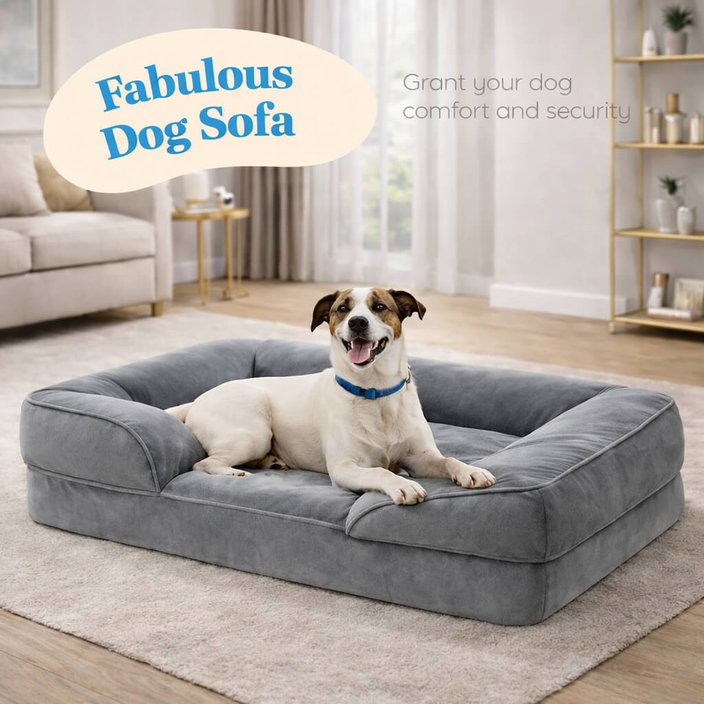 Dog lying on a gray Orthopedic Dog Bed with a cozy living room background