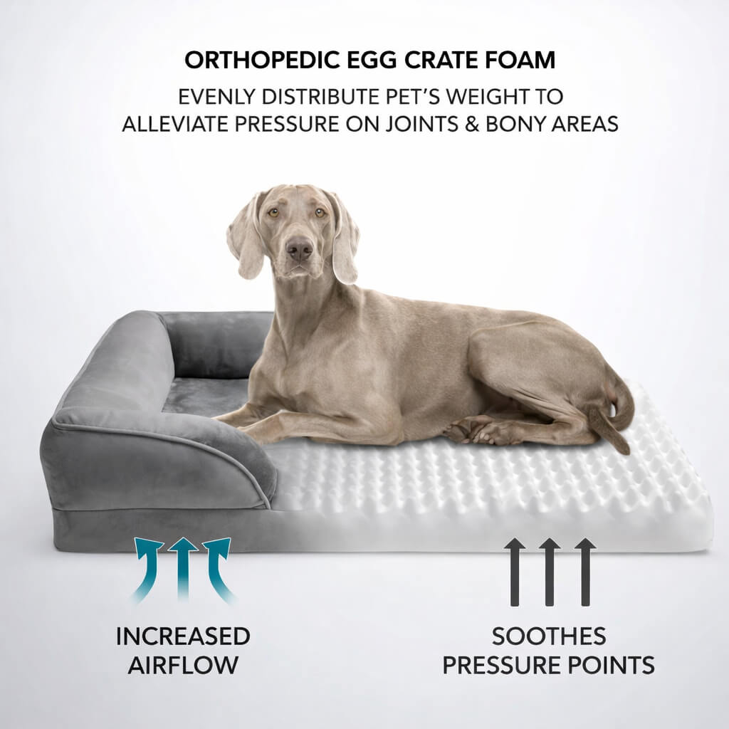 Dog lying on an Orthopedic Dog Bed egg crate foam pet bed with text explaining its benefits.