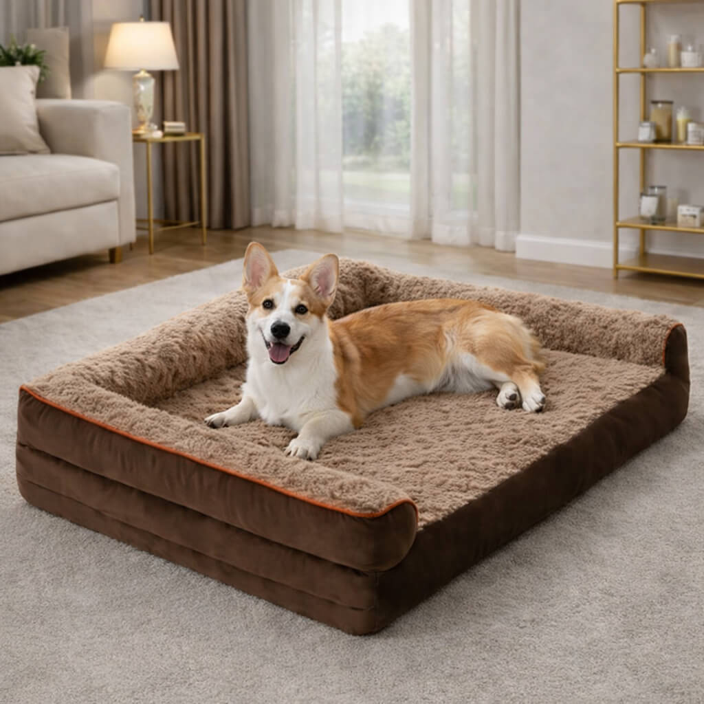 Dog lying on a large brown and beige Orthopedic Dog Bed in a living room.