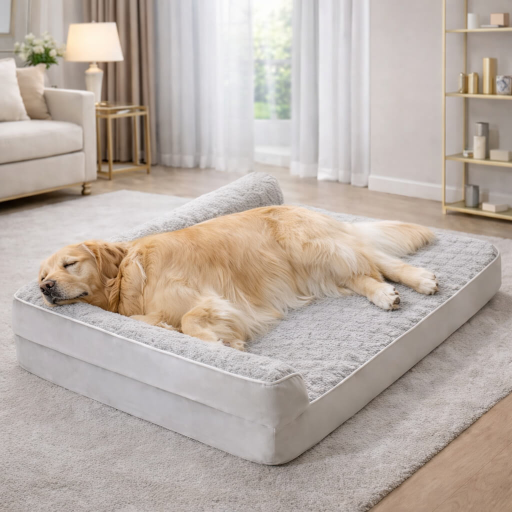 Dog lying on a large Orthopedic Dog Bed in a cozy living room.