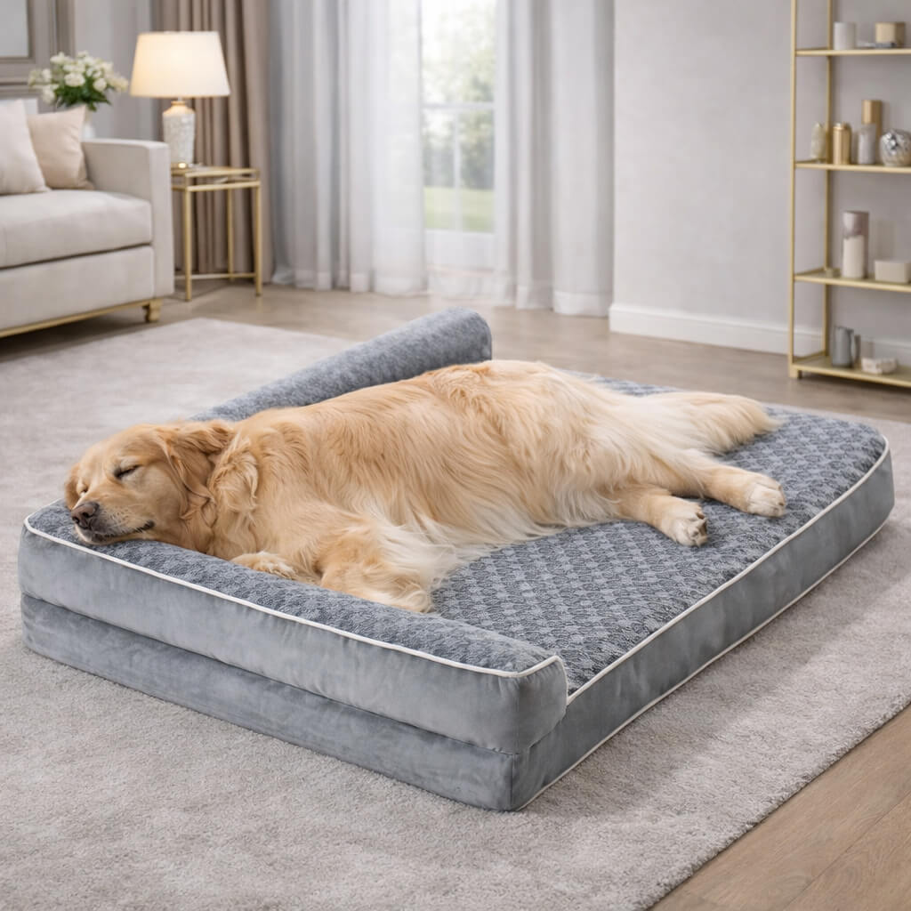 Dog lying on a large gray Orthopedic Dog Bed in a cozy living room.