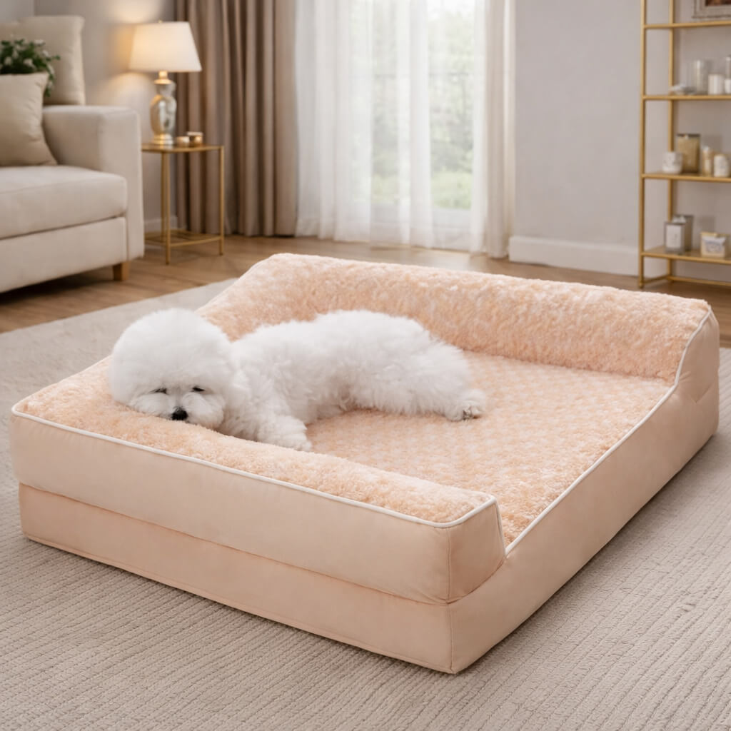 White dog lying on a large beige Orthopedic Dog Bed in a living room.