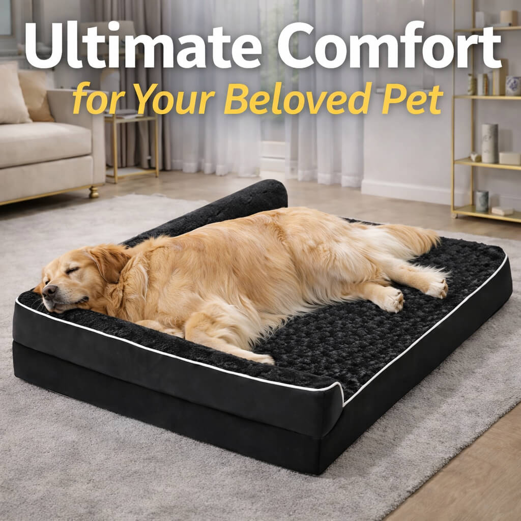 Dog lying on a black Orthopedic Dog Bed with 'Ultimate Comfort for Your Beloved Pet' text in a living room.