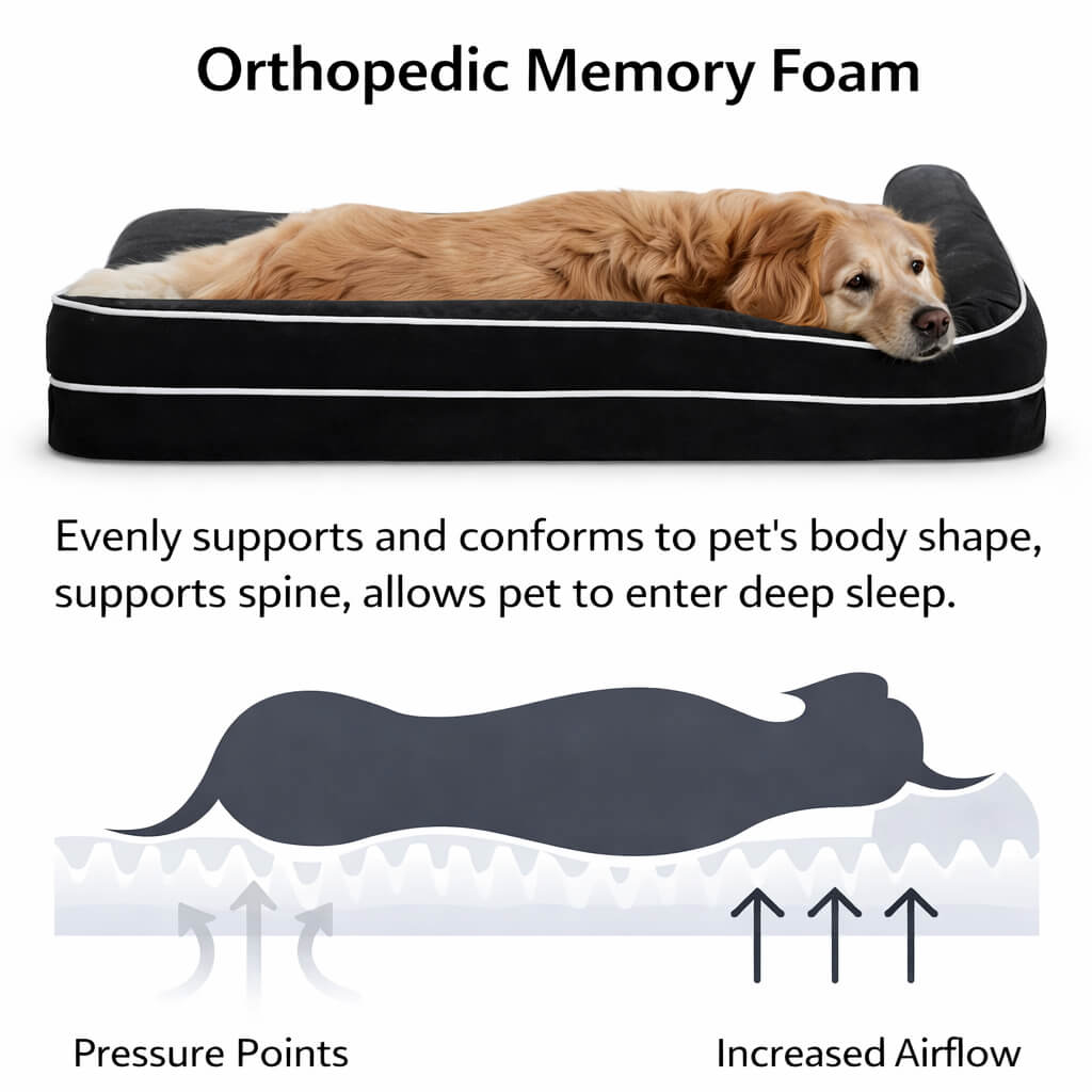 Dog lying on an orthopedic memory foam Dog bed with text explaining its benefits.