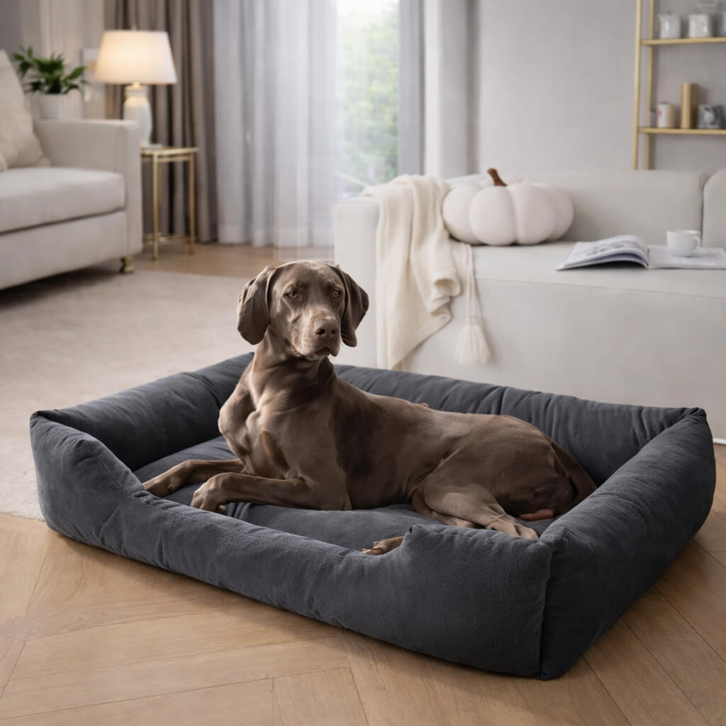 Dog lying on a large gray Luxury Orthopedic Dog Bed in a cozy living room.