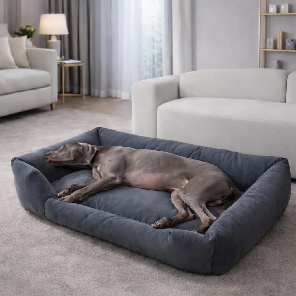 Dog lying on a large blue Luxury Orthopedic Dog Bed in a living room.