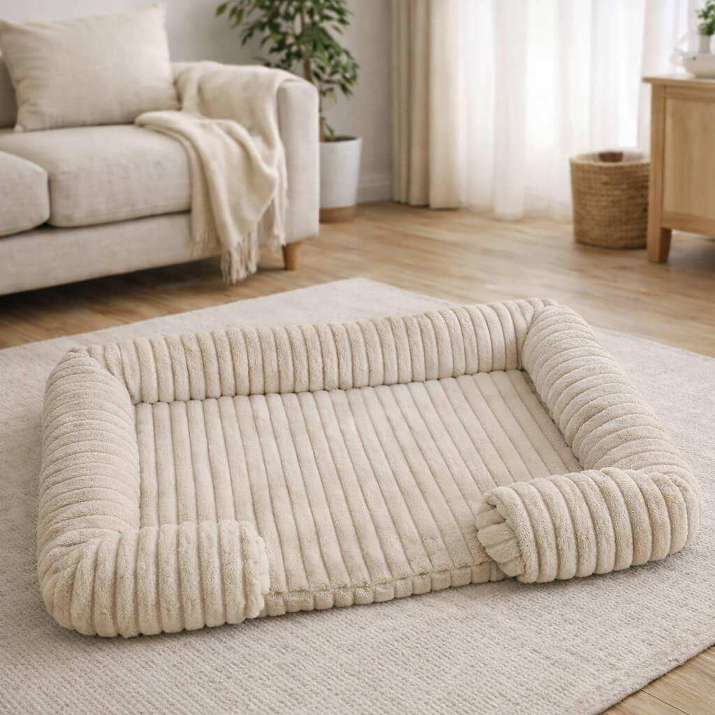 Beige Orthopedic Joint Support Dog Bed on a rug in a living room setting