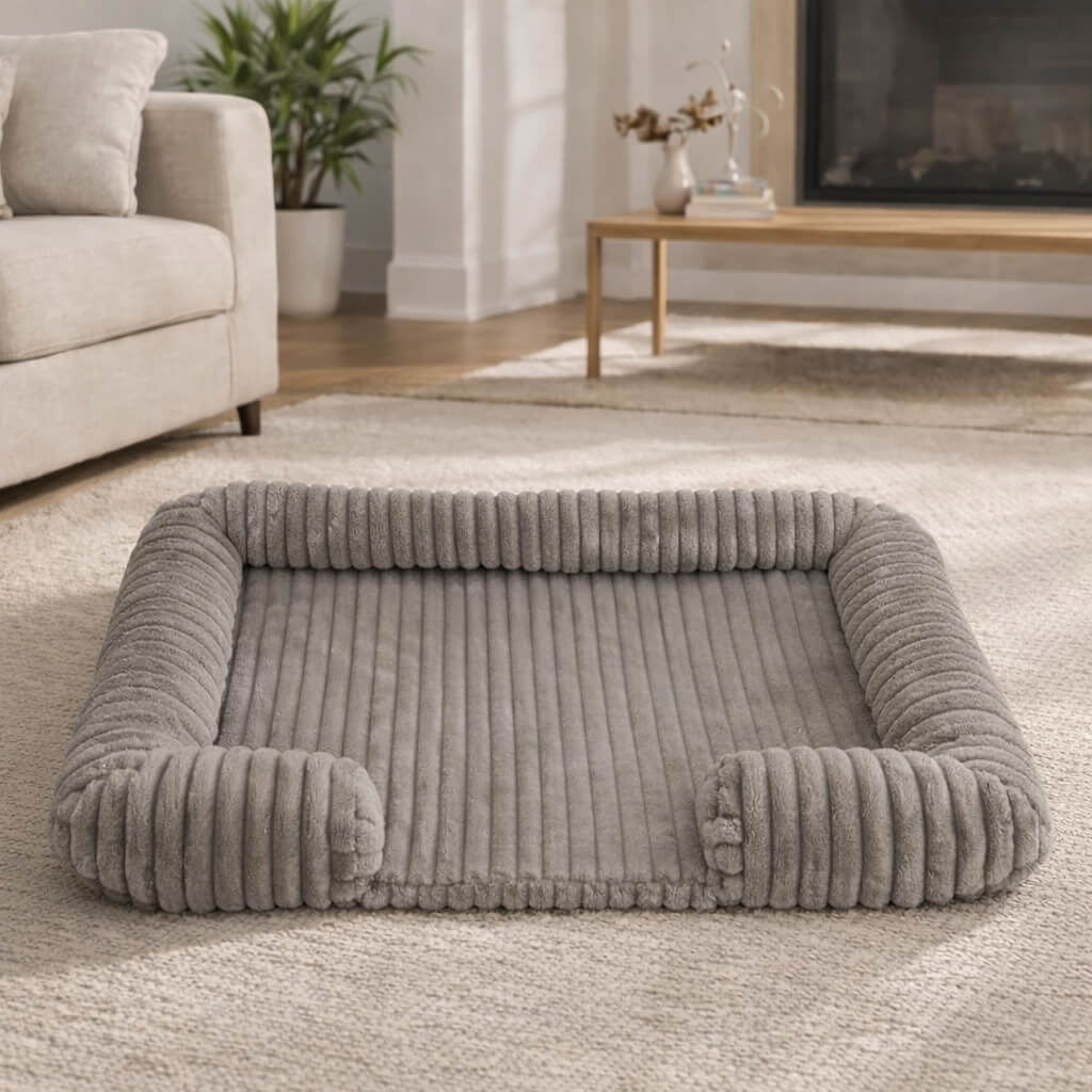 Gray Orthopedic Joint Support Dog Bed in a living room setting with a couch and TV in the background.