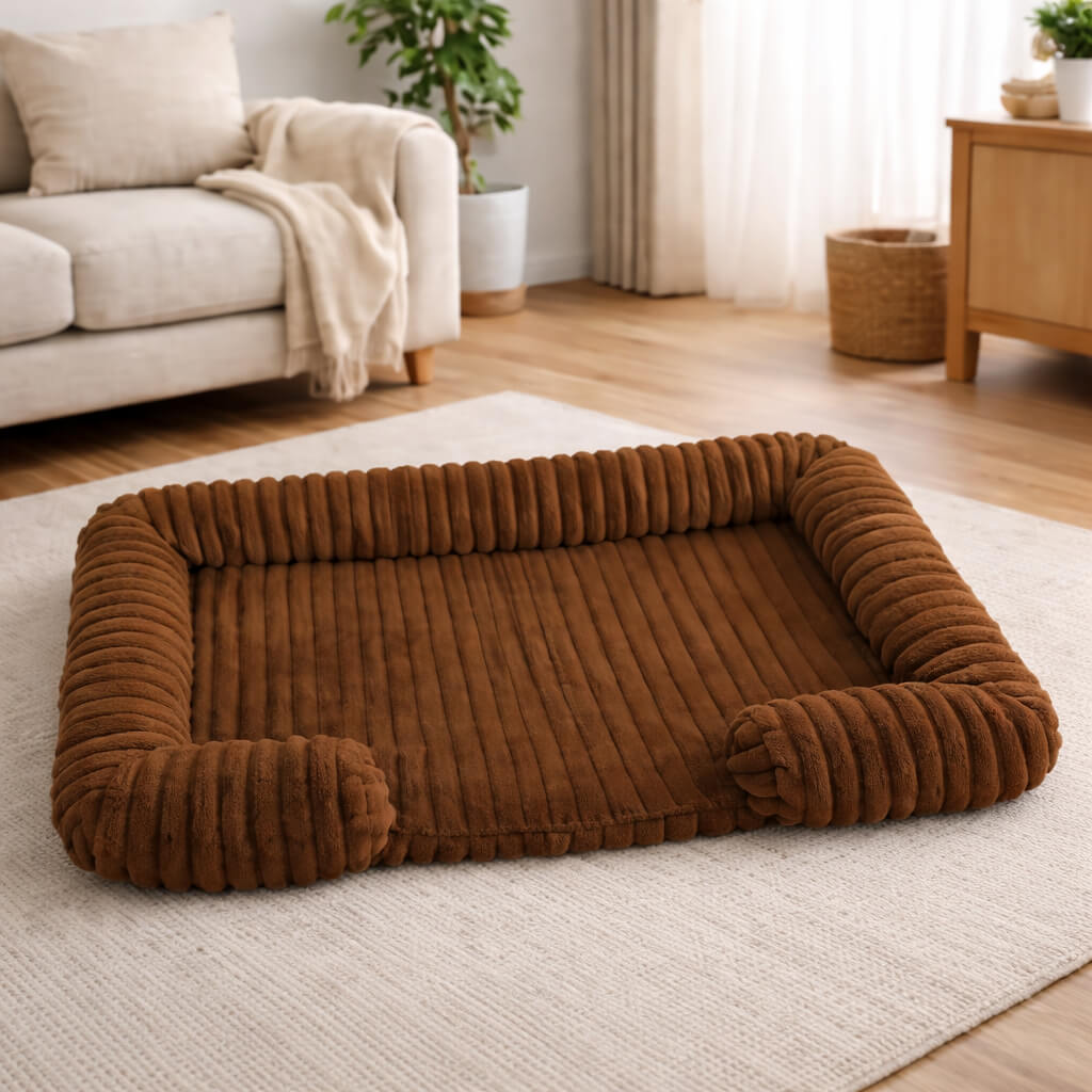 Brown Orthopedic Joint Support Dog Bed on a rug in a living room setting