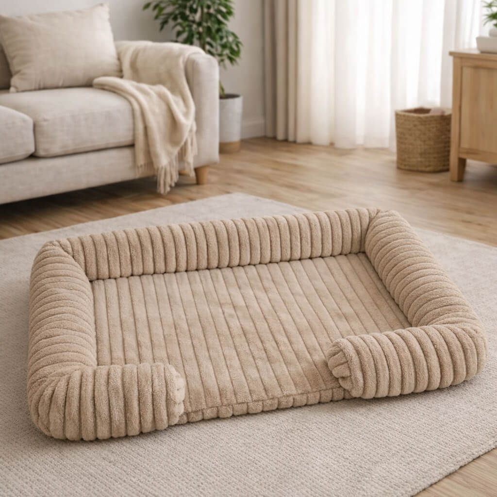 Beige Orthopedic Joint Support Dog Bed in a living room setting with a couch and curtains.