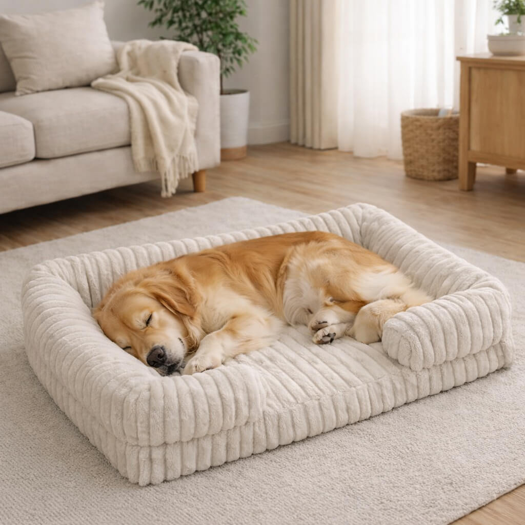 Dog sleeping on a plush Orthopedic Joint Support Dog Bed in a cozy living room.