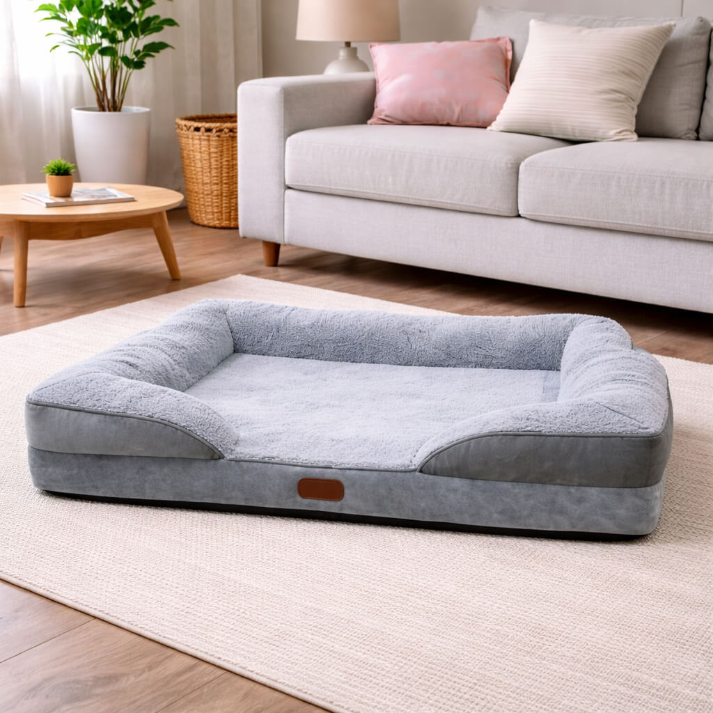 Gray Orthopedic Dog Bed in a living room setting with a couch and coffee table.