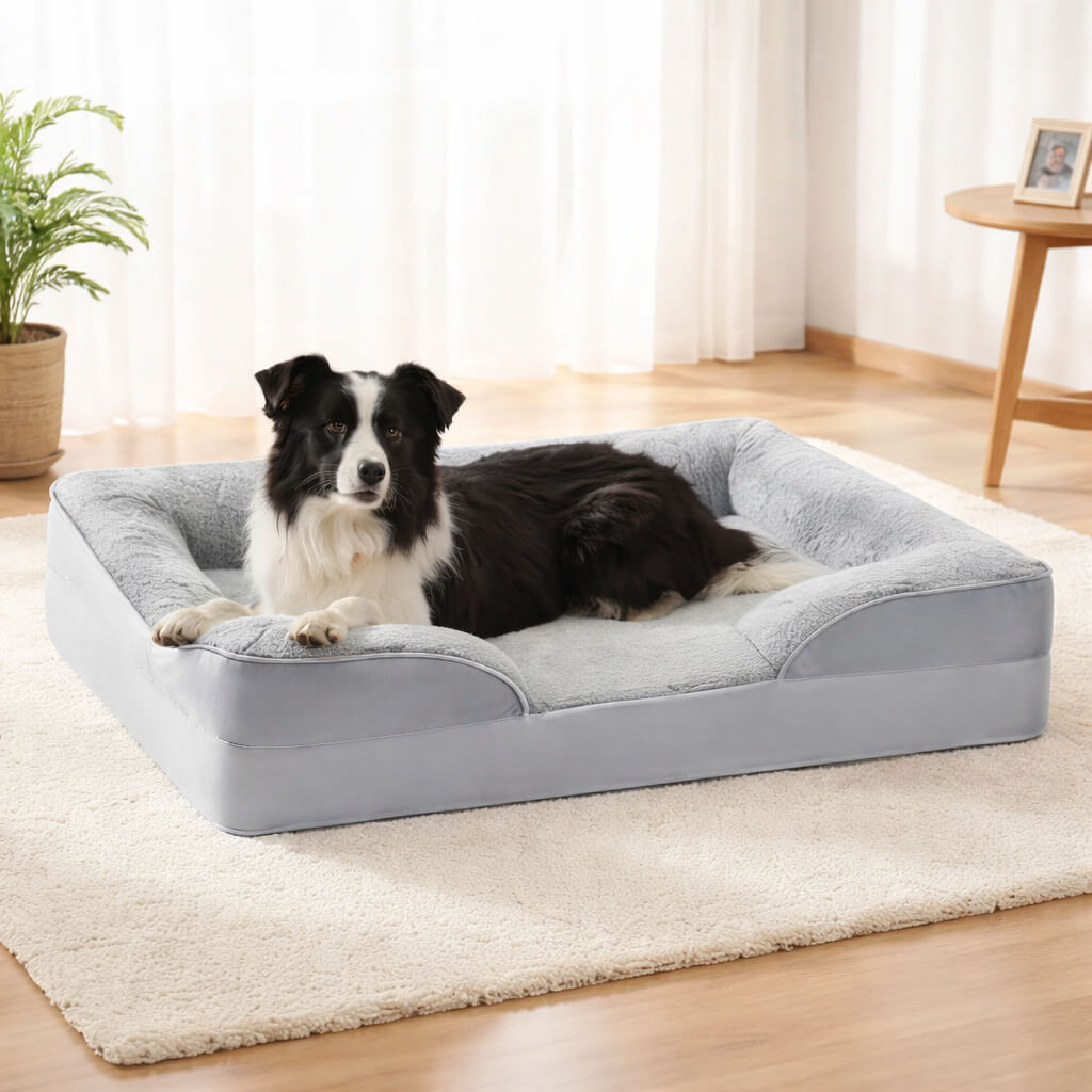Dog lying on a gray Orthopedic Dog Bed in a room with curtains and a plant.