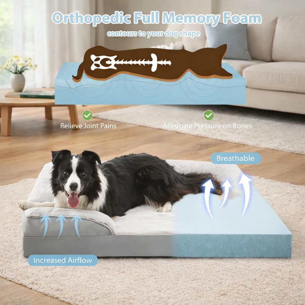 Dog lying on a orthopedic full memory foam bed in a living room.