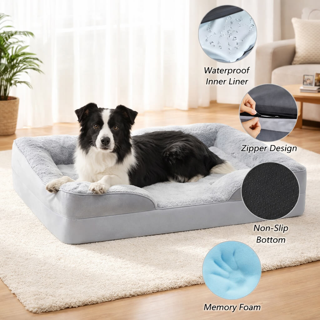 Dog lying on a gray Orthopedic Dog Bed with features highlighted in a living room setting.