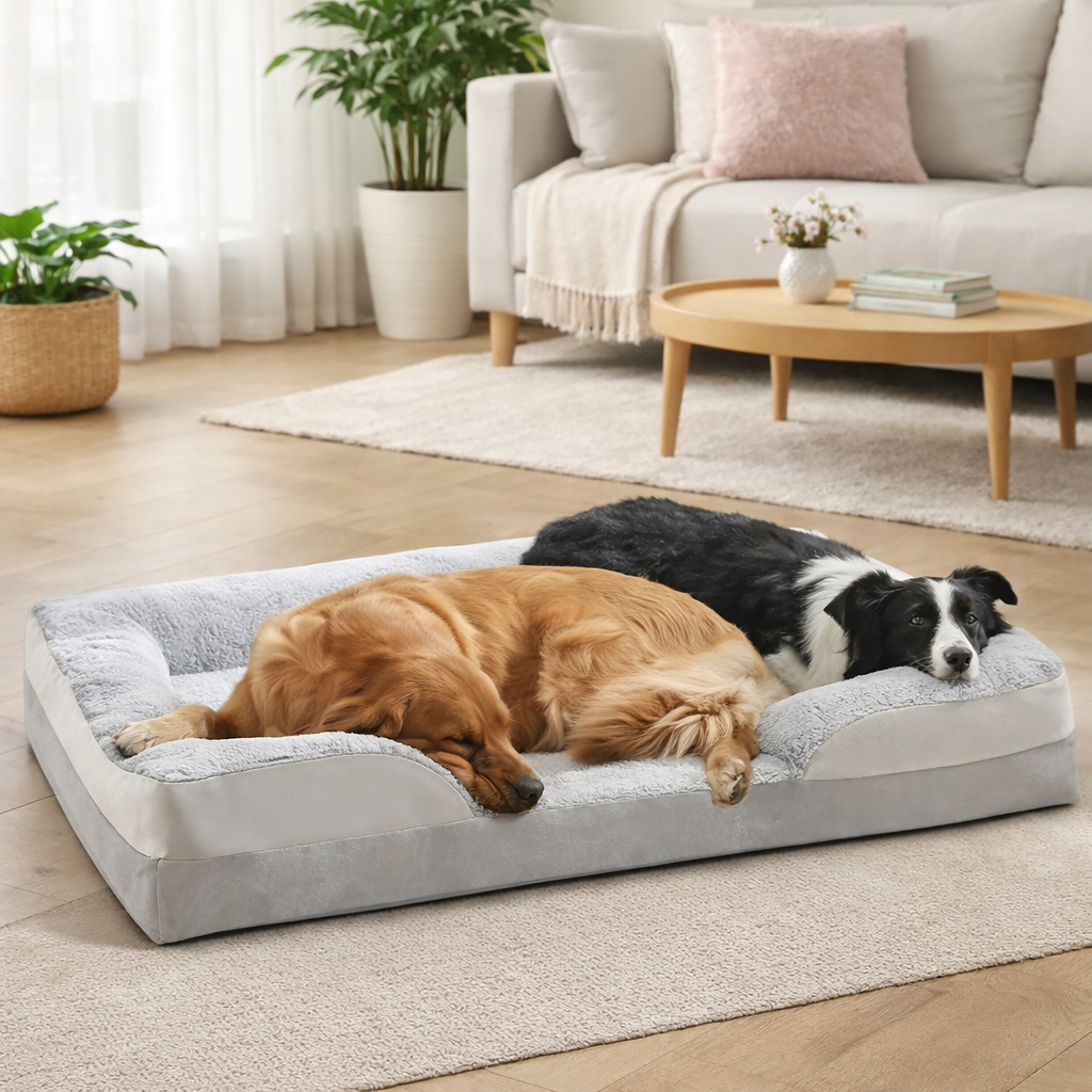 Two dogs lying on a large Orthopedic Dog Bed in a cozy living room.