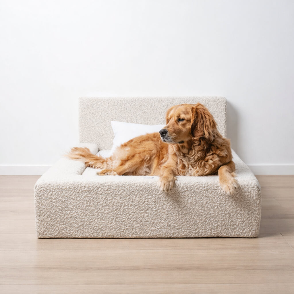 Dog lying on a fluffy white Prosperity Orthopedic Dog Bed against a plain wall.